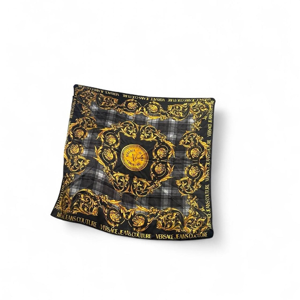 Versace Black and Gold Baroque Plaid Silk Scarf - Picture 8 of 8